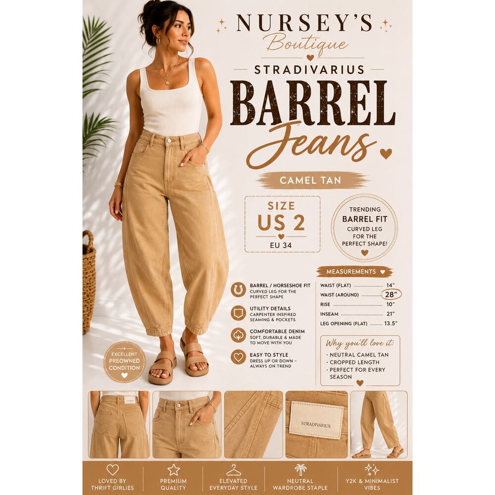 Stradivarius Barrel Jeans Tan Utility Horseshoe Cropped Pants US 2 measures 28W